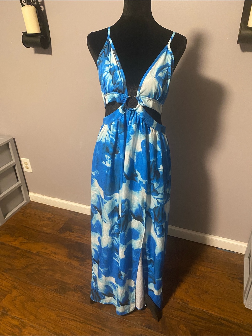 SHEIN Blue Marble Cutout Maxi Dress with Ring Detail